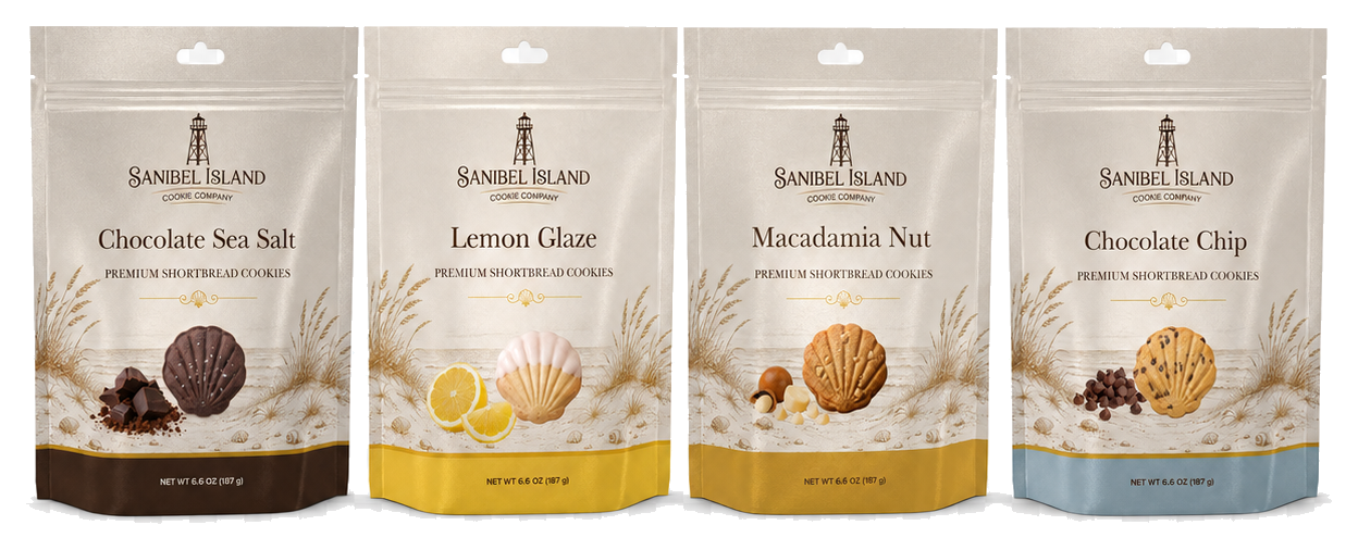Four Sanibel Island Cookie Company shortbread cookie pouches