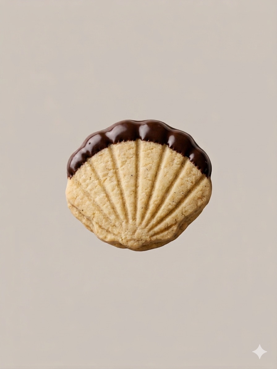 Vanilla scallop-shell shaped shortbread dipped in dark chocolate
